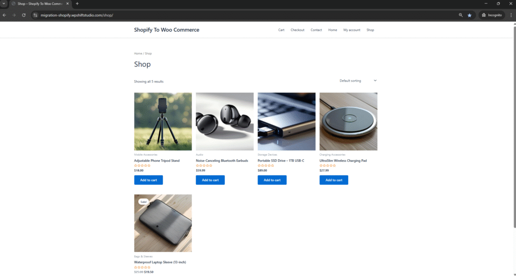 Woo Shop page. WpShiftStudio. Shopify to Woo.