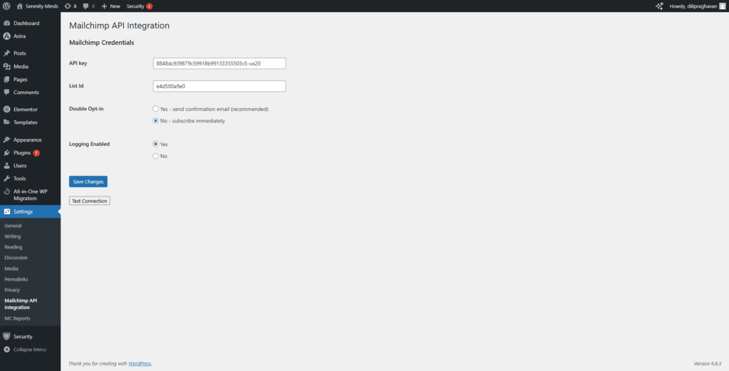 MailChimp settings page.
