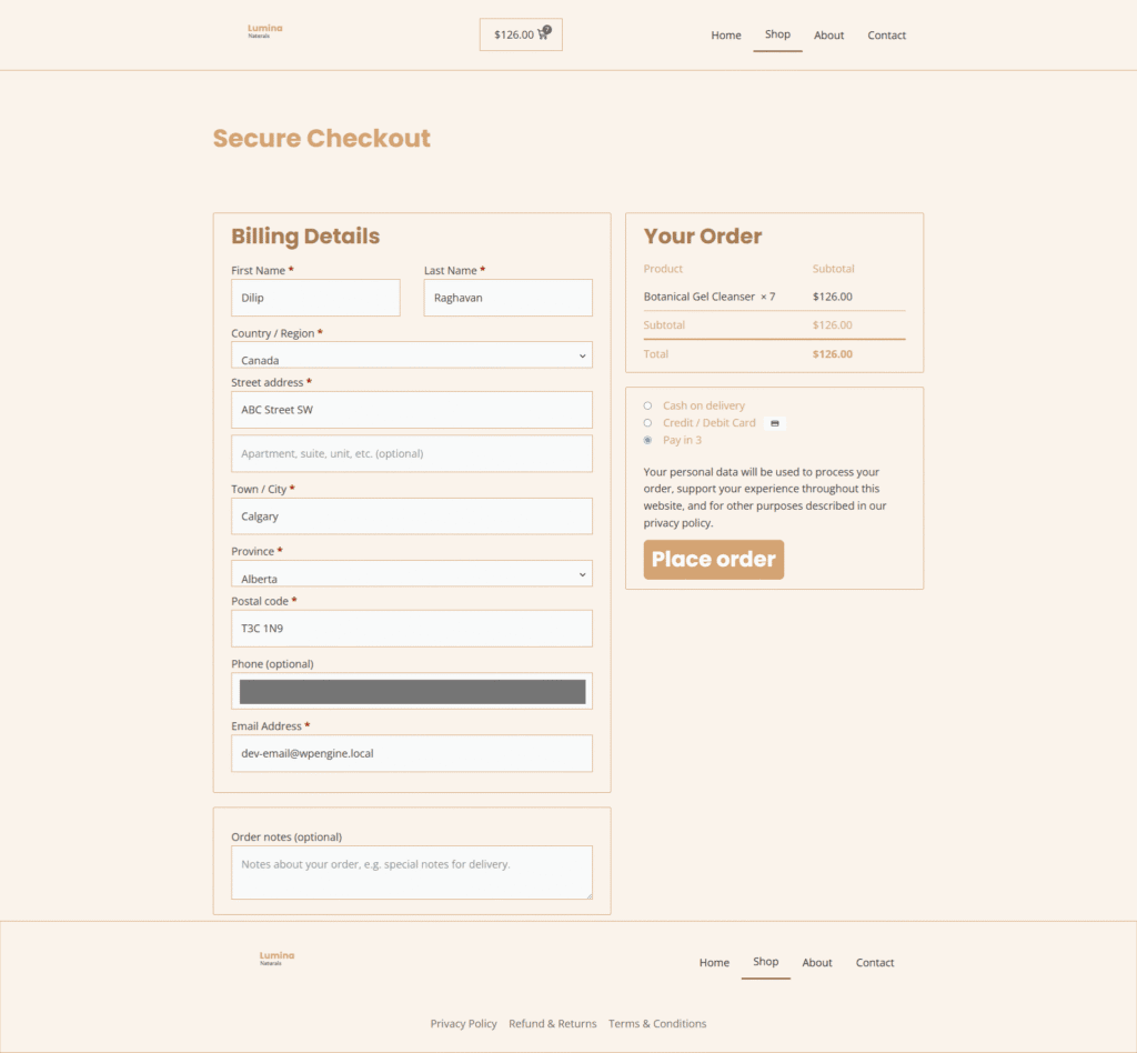 Pay In 3 Checkout Page.