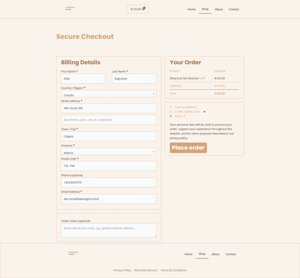 Pay In 3 Checkout Page.