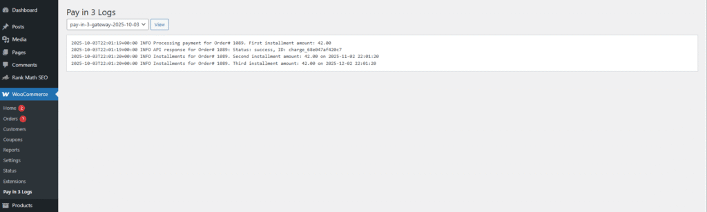 Pay In 3 Gateway Logs.