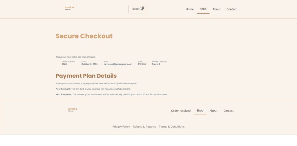 Pay In 3 Thank You Page.